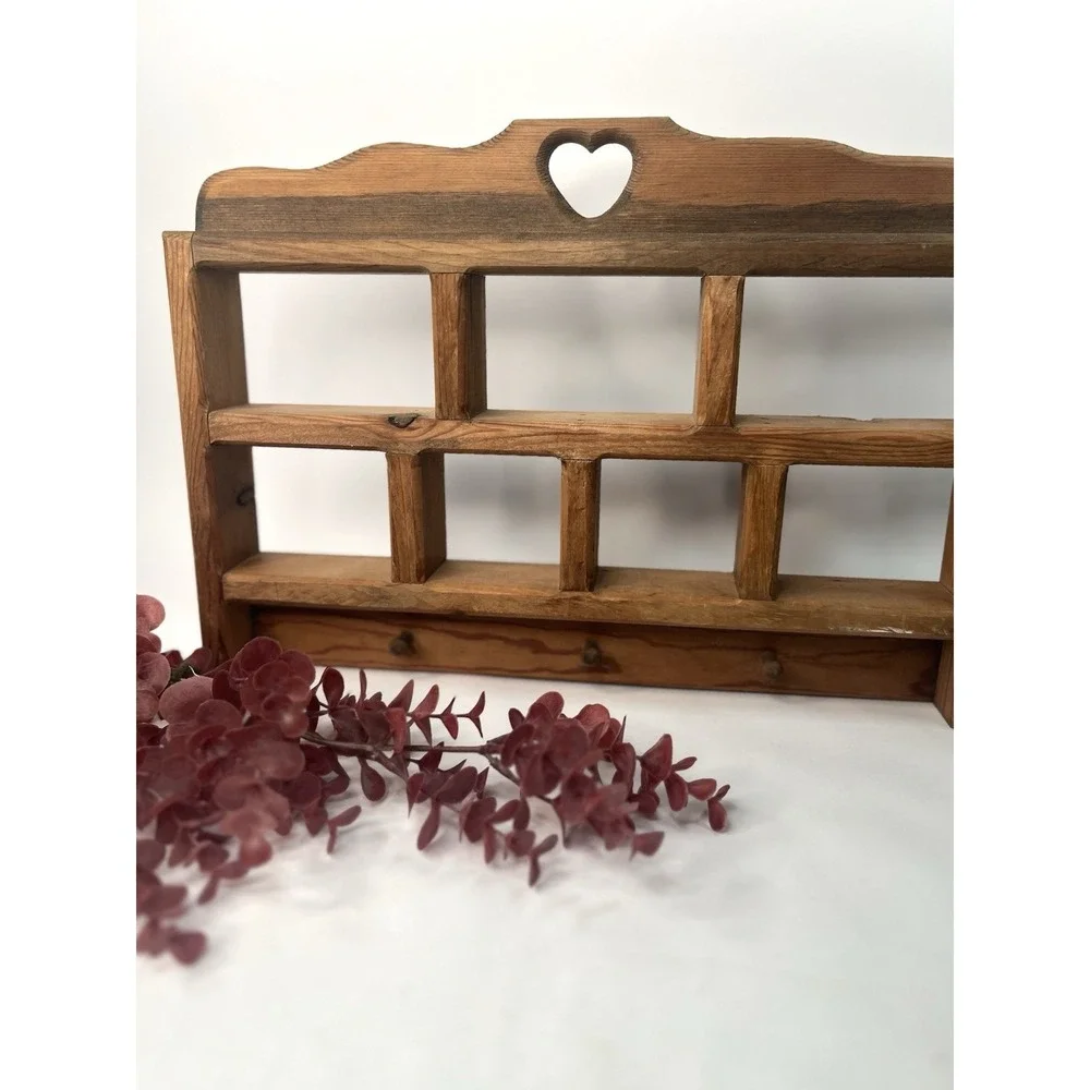 VTG Wooden Wall Display Shelf Heart Cut Out Cubby Country Decor With 3 Pegs